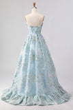 Strapless A Line Light Blue Corset Jacquard Long Prom Dress with Slit