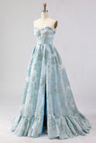 Strapless A Line Light Blue Corset Jacquard Long Prom Dress with Slit