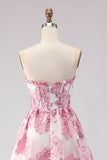 Strapless A Line Pink Jacquard Corset Long Prom Dress with Slit