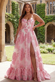 Pink Jacquard Strapless A Line Corset Long Plus Size Prom Dress with Slit