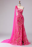 Fuchsia One Shoulder Mermaid Corset Cut Out Streamer Long Prom Dress with Slit