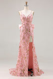 Sparkly Pink Mermaid Sequin Back Bow Long Prom Dress with Slit