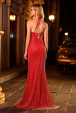 Red Halter Beaded Mermaid Long Prom Dress with Slit