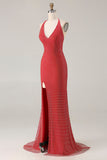 Red Halter Beaded Mermaid Long Prom Dress with Slit