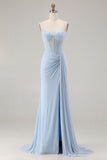 Strapless Mermaid Sky Blue Beaded Corset Long Prom Dress with Slit
