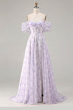 Off the Shoulder Lilac A Line Corset Print Floral Long Prom Dress with Slit