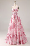 Pink A-Line Cut Out Brocade Jacquard Long Prom Dress with 3D Flower