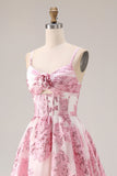 Pink A-Line Cut Out Brocade Jacquard Long Prom Dress with 3D Flower