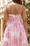 Pink Brocade Jacquard Cut Out A-Line Long Plus Size Prom Dress with 3D Flower