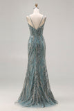 Sparkly Grey Green Mermaid Beaded Sequin Long Prom Dress