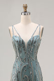 Sparkly Grey Green Mermaid Beaded Sequin Long Prom Dress