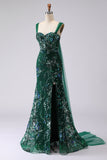 Dark Green Mermaid Sequin Lace Up Back Long Prom Dress with Slit
