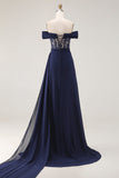 Navy Off The Shoulder A-Line Corset Long Prom Dress with Lace Up Back