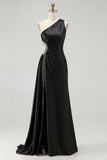 Black Mermaid One Shoulder Cut Out Long Prom Dress with Slit