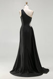 Black Mermaid One Shoulder Cut Out Long Prom Dress with Slit