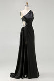 Black Mermaid One Shoulder Cut Out Long Prom Dress with Slit