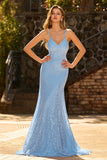 Sky Blue Mermaid Beaded Lace Up Back Long Prom Dress with Sequins