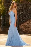 Sky Blue Mermaid Beaded Lace Up Back Long Prom Dress with Sequins