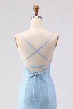 Sky Blue Mermaid Spaghetti Straps Sequins Long Prom Dress with Lace Up Back