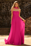Fuchsia A Line Strapless Pleated Tulle Long Prom Dress with Streamer