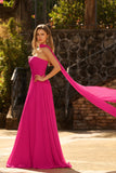 Fuchsia A Line Strapless Pleated Tulle Long Prom Dress with Streamer