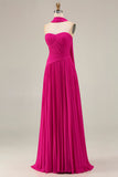 Fuchsia Sweetheart A Line Pleated Long Prom Dress with Sash