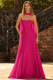Fuchsia A Line Strapless Pleated Tulle Long Prom Dress with Streamer
