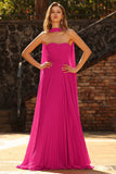 Fuchsia A Line Strapless Pleated Tulle Long Prom Dress with Streamer