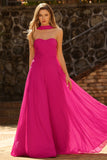 Fuchsia A Line Strapless Pleated Tulle Long Prom Dress with Streamer