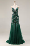 Sparkly Dark Green Sheath Open Back Long Prom Dress with Sequins