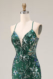 Sparkly Dark Green Sheath Open Back Long Prom Dress with Sequins
