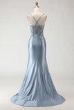 Grey Blue Mermaid Spaghetti Straps Appliqued Satin Long Prom Dress with Slit