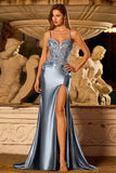 Grey Blue Mermaid Appliqued Spaghetti Straps Long Satin Prom Dress with Slit