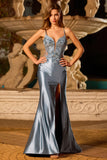 Grey Blue Mermaid Appliqued Spaghetti Straps Long Satin Prom Dress with Slit