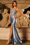 Grey Blue Mermaid Appliqued Spaghetti Straps Long Satin Prom Dress with Slit