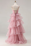 Dusty Rose Floral A Line Corset Tiered Ruffle Long Prom Dress with Slit