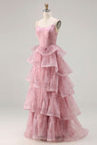 Dusty Rose Floral A Line Corset Tiered Ruffle Long Prom Dress with Slit