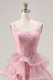 Dusty Rose Floral A Line Corset Tiered Ruffle Long Prom Dress with Slit