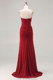 Strapless Red Mermaid Beaded Satin Long Prom Dress