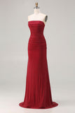Strapless Red Mermaid Beaded Satin Long Prom Dress