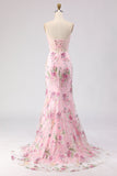 Pink Strapless Mermaid Beaded Corset Sequin Long Prom Dress with Slit