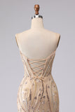 Champagne Mermaid Strapless Beaded Sequin Long Prom Dress with Lace Up Back
