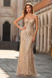 Champagne Mermaid Strapless Beaded Sequin Long Prom Dress with Lace Up Back