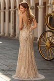 Champagne Mermaid Strapless Beaded Sequin Long Prom Dress with Lace Up Back
