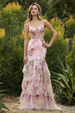 Pink Mermaid Tiered Ruffle Sequin Long Floral Prom Dress with Slit