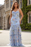 Pink Floral Mermaid Tiered Ruffled Sequin Long Plus Size Prom Dress with Slit