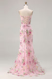 Sparkly Mermaid Strapless Corset Appliqued Sequin Pink Long Prom Dress with Slit