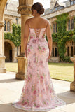 Pink Mermaid Strapless Corset Floral Long Plus Size Prom Dress with Slit