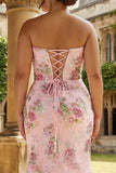Pink Mermaid Strapless Corset Floral Long Plus Size Prom Dress with Slit