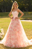 Strapless Pink A Line Beaded Corset Floral Long Prom Dress with Ruffles